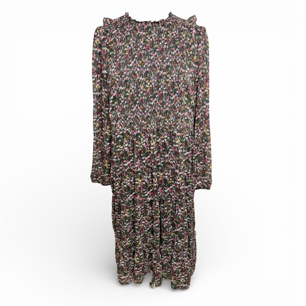 DRAPER JAMES RSVP Dark Green Chiffon Floral Smocked Long-Sleeve Midi Dress, XXL - Picture 2 of 12